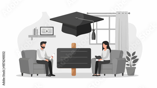Two individuals in cozy chairs beneath a graduation cap and blackboard, discussing studies