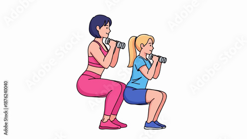 Two cartoon women are doing squats with dumbbells