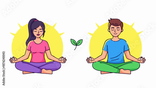 Two individuals practicing mindful meditation with a sprout symbolizing growth and well-being