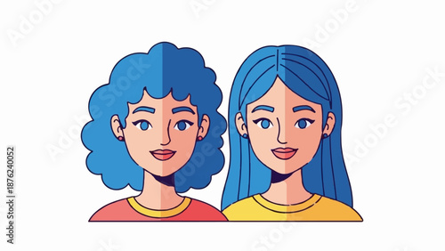Two cartoon women with blue hair and colorful shirts are shown from the shoulders up