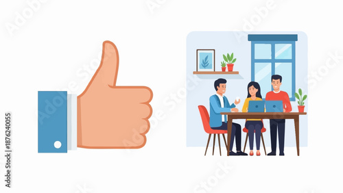 Thumbs up, team collaboration, office setting, positive feedback