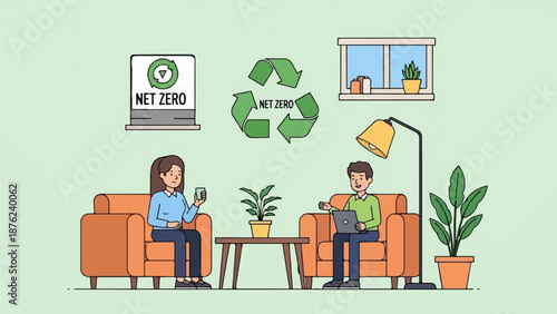 Two individuals relax in armchairs, discussing net zero initiatives amidst decorative elements