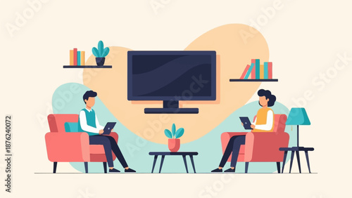 Two individuals relax in armchairs, each engaged with a tablet, in a living room with a tv