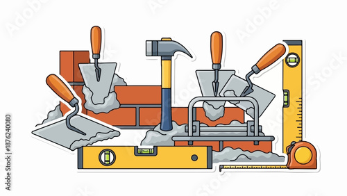 Tools and bricks for construction work, including trowels, hammer, level, and measuring tape
