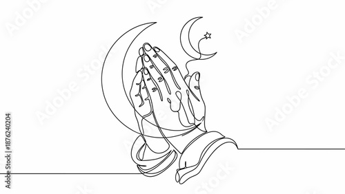 praying hands under crescent moon and star