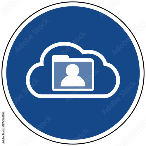 Blaues rundes Schild mit Cloud und Benutzerordner Symbol Vektor Icon für Cloudspeicher Personendaten Backup Datenschutz Account Digital Piktogramm Illustration Grafik Schild