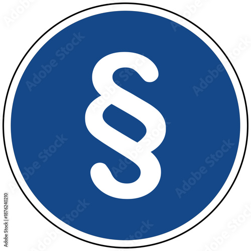 Blaues rundes Schild mit weißem Paragraph Symbol als Vektor Grafik für Recht Gesetz Justiz Jura Rechtsanwalt Paragrafen Hinweisschild Gebotsschild Piktogramm Illustration isoliert