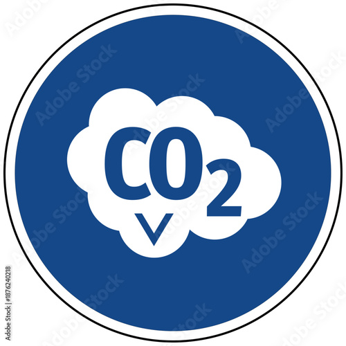 Blaues rundes Schild mit CO2 Wolke Symbol Vektor Icon für Emissionen Klimaschutz Treibhausgas Abgase Umweltschutz Luftverschmutzung Piktogramm Illustration Grafik Hinweisschild