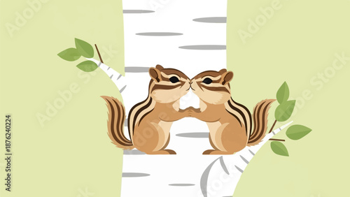 Two charming chipmunks sharing a tender moment near a birch tree