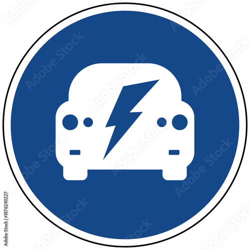 Blaues rundes Schild mit Elektroauto und Blitz Symbol Vektor Icon für Elektromobilität E-Auto Energie Strom Transport Zukunft Verkehr Piktogramm Illustration Grafik Hinweisschild