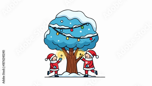 Two children dressed as Santa decorate a snow-covered tree with lights