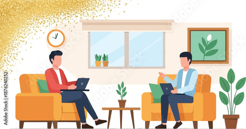 Two individuals work on laptops in a cozy living room with houseplants and a sparkling gold background