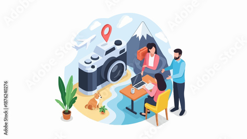 Team planning a trip with a camera, laptop, and luggage