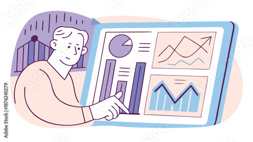 Businessman analyzing data on a tablet with graphs and charts