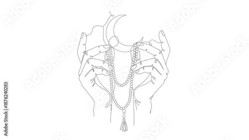 line art of hands holding moon and rosary