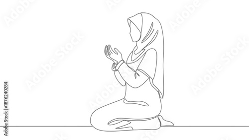 minimalist one line woman in hijab praying