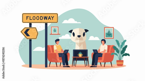 Two individuals work on laptops in a cozy room, with a signpost and a dog's head