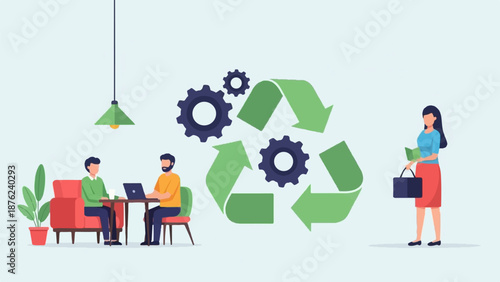Teamwork, gears, and recycling symbol in office setting