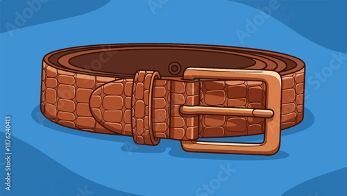 Textured brown leather belt with brass buckle, against a blue wavy background