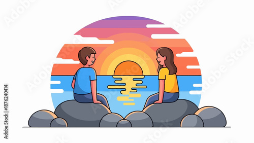 Two children enjoy a peaceful sunset by the ocean, sitting on rocks