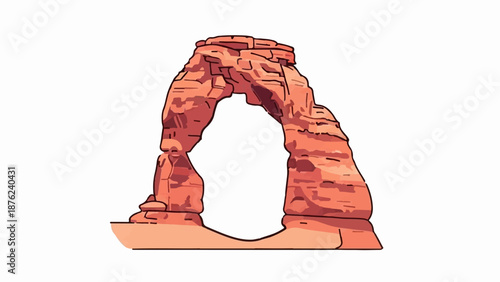 Stylized red rock arch formation on white background, a natural stone bridge with layered textures