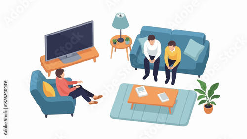 Three people in a living room, two sitting on a sofa, one in an armchair, a TV and coffee table are visible