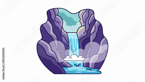 Stylized waterfall cascades down purple cliffs into a pool, with misty clouds