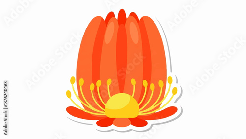 Stylized red-orange flower with yellow stamen and pistil, isolated on white