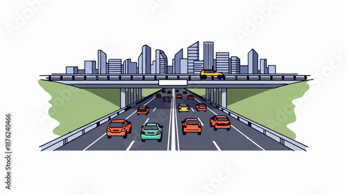 Traffic flows under an elevated highway with a city skyline in the background