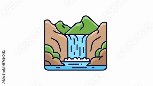Stylized waterfall cascading between brown cliffs and green hills into a blue pool