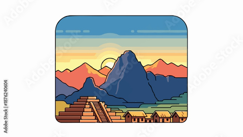 Stylized mountainous landscape at sunrise with ancient ruins and small dwellings