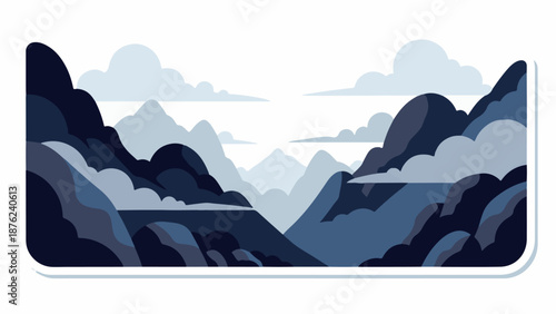 Stylized mountain range with layered peaks and drifting clouds, rendered in shades of blue