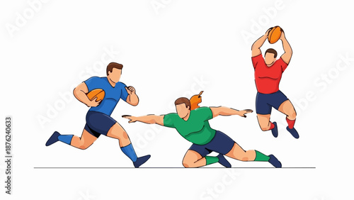 Three athletes in mid-action during a rugby game, one running with ball, another diving