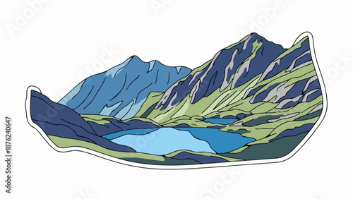 Stylized mountain range with lakes and varied terrain