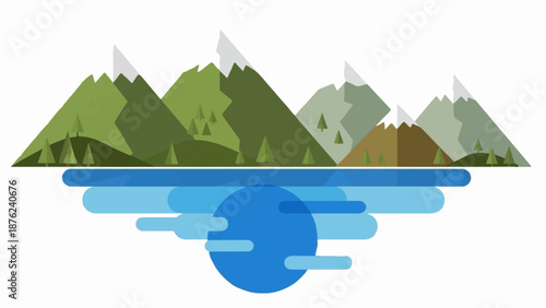 Stylized mountain range reflected in calm water with abstract circular element