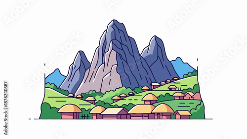 Stylized mountain range overlooks a cluster of thatched-roof village houses nestled in green hills