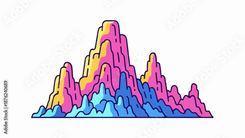 Stylized mountain range in vibrant pink, yellow, and blue hues against a white background