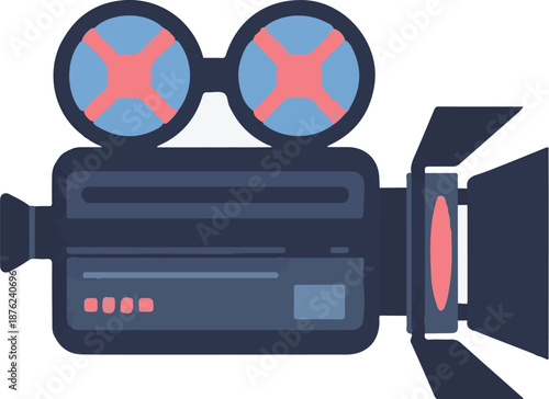 Stylized retro film camera with large lens and viewfinder