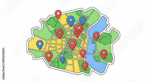 Stylized map with red and blue location pins marking diverse areas