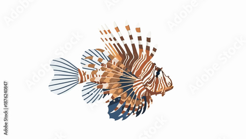 Stylized lionfish with striking striped fins and tail, isolated on white