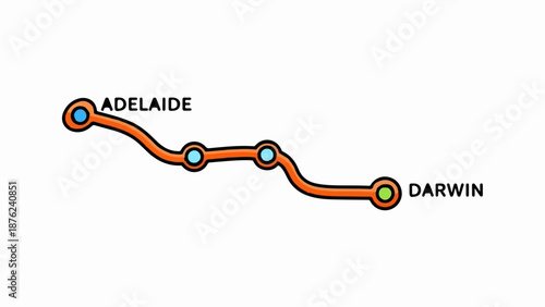 Stylized map line showing route from Adelaide to Darwin with stations