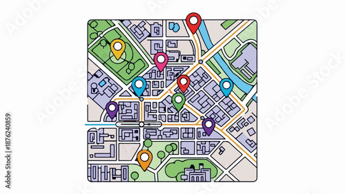 Stylized map with colorful pins marking various urban locations