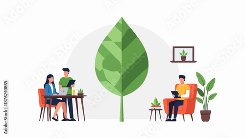 Three people in a minimalist office setting with a large green leaf