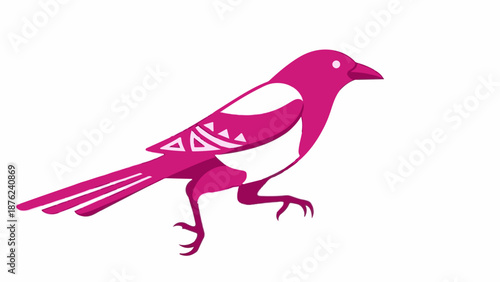 Stylized magenta bird with white accents and geometric patterns on tail feathers