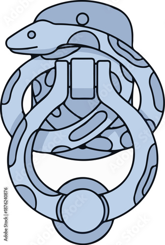 Stylized light blue serpent coiled around a door knocker