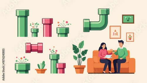 Two people converse on a sofa, with decorative plants and pipes adorning the space