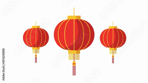 Three bright red, round, decorative lanterns hang against a white background