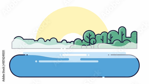 Stylized landscape featuring a yellow sun, green trees, and blue water