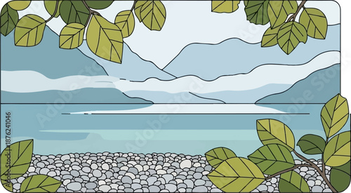 Stylized lake and mountain vista framed by green leaves and a pebble shore