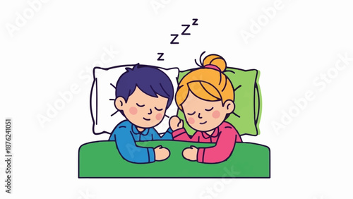 Two children in pajamas sleep peacefully holding hands in a bed with Zzz's above